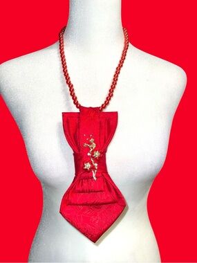 Red Statement Necklace with Floral Accent
